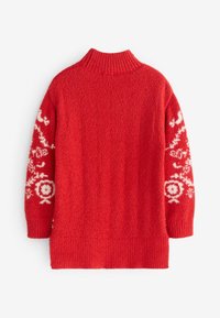 Rode gebreide trui met een hoge kraag, voorzien van witte bloemmotieven op de mouwen. Gestructureerd, warm materiaal met een relaxte fit.