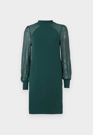Abito verde scuro fino al ginocchio con scollatura alta, corpo in tinta unita e maniche lunghe trasparenti decorate con paillettes.