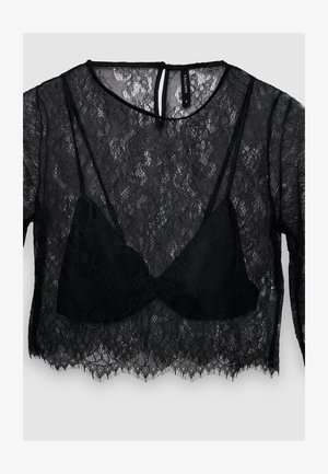 Haut à manches longues en dentelle noire avec un bralette noir ajusté en dessous. Motif floral transparent avec un ourlet festonné et une fermeture au dos en forme de trou de serrure.