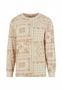 Beige sweatshirt with intricate brown patterned design, featuring floral and geometric elements. Ribbed cuffs and a round neckline.
