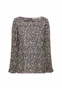 Blusa a maniche lunghe in tessuto leggero con un motivo astratto in bianco e nero, con scollo rotondo e dettagli arricciati sulle maniche.