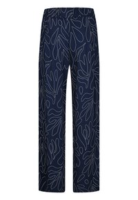 Wide-leg trousers in a navy fabric featuring a white abstract leaf pattern. The waist is elasticized for comfort and ease of wear.