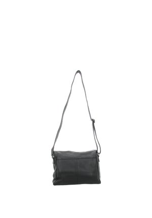 Black leather crossbody bag with long adjustable strap, rectangular shape, and visible stitching on front panel.