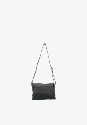 Black leather crossbody bag with long adjustable strap, rectangular shape, and visible stitching on front panel.