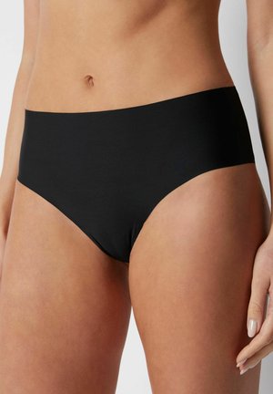 Zwarte naadloze hipsteronderbroek met een soepele textuur en een hoogtaille ontwerp, zonder zichtbare naden of versieringen.