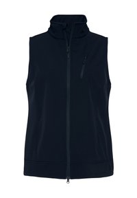 Marinefarbener ärmelloser Vest aus weichem Stoff, ausgestattet mit einem hohen Kragen und einem Frontreißverschluss, sowie einer zusätzlichen Reißverschlusstasche auf der Brust.