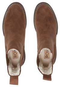 Brown leather ankle boots with a smooth texture, round toe, cushioned lining, pull tab, and a contrasting white stitching detail.