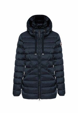 Marineblaues Puffer-Jacke mit Kapuze, Reißverschluss vorne und Kordelzügen. Das horizontale Steppmuster und die elastischen Bündchen bieten Wärme und Komfort.