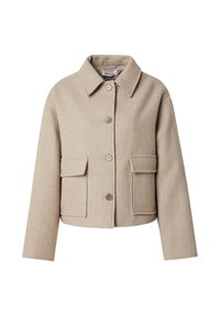 Beige, cropped wollen jas met kraag, lange mouwen, sluiting met knopen aan de voorkant en twee grote opgestikte zakken.