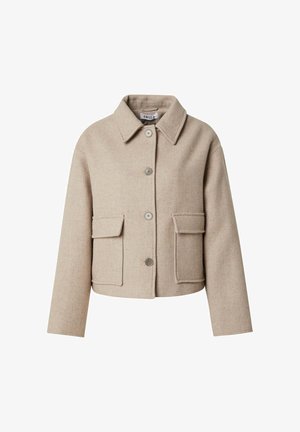 Beige, cropped wollen jas met kraag, lange mouwen, sluiting met knopen aan de voorkant en twee grote opgestikte zakken.