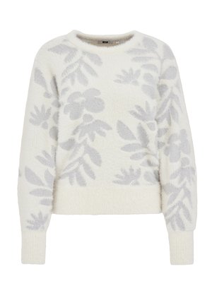 Pulover alb cu o textură pufoasă și un model floral gri. Are mâneci lungi și un decolteu rotund.