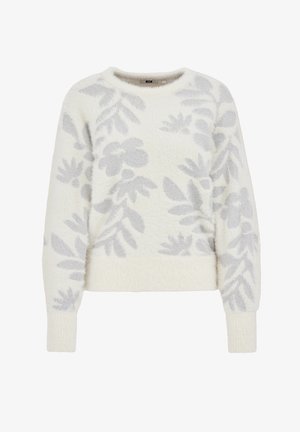 White sweater featuring a plush texture with a gray floral pattern. It has long sleeves and a round neckline.