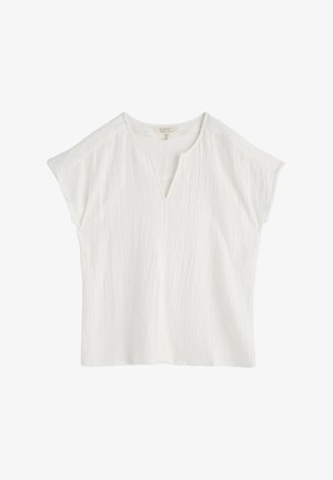Witte korte mouwen top met een V-halslijn, gemaakt van textuurstof die licht gekreukt lijkt. Losse pasvorm met verlaagde schoudernaden.