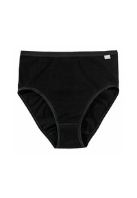 Schwarze Baumwollunterhose mit glatter Textur, hoch geschnittenem Design und kontrastierendem Bund. Mit einfarbiger Gestaltung und genähten Akzenten.