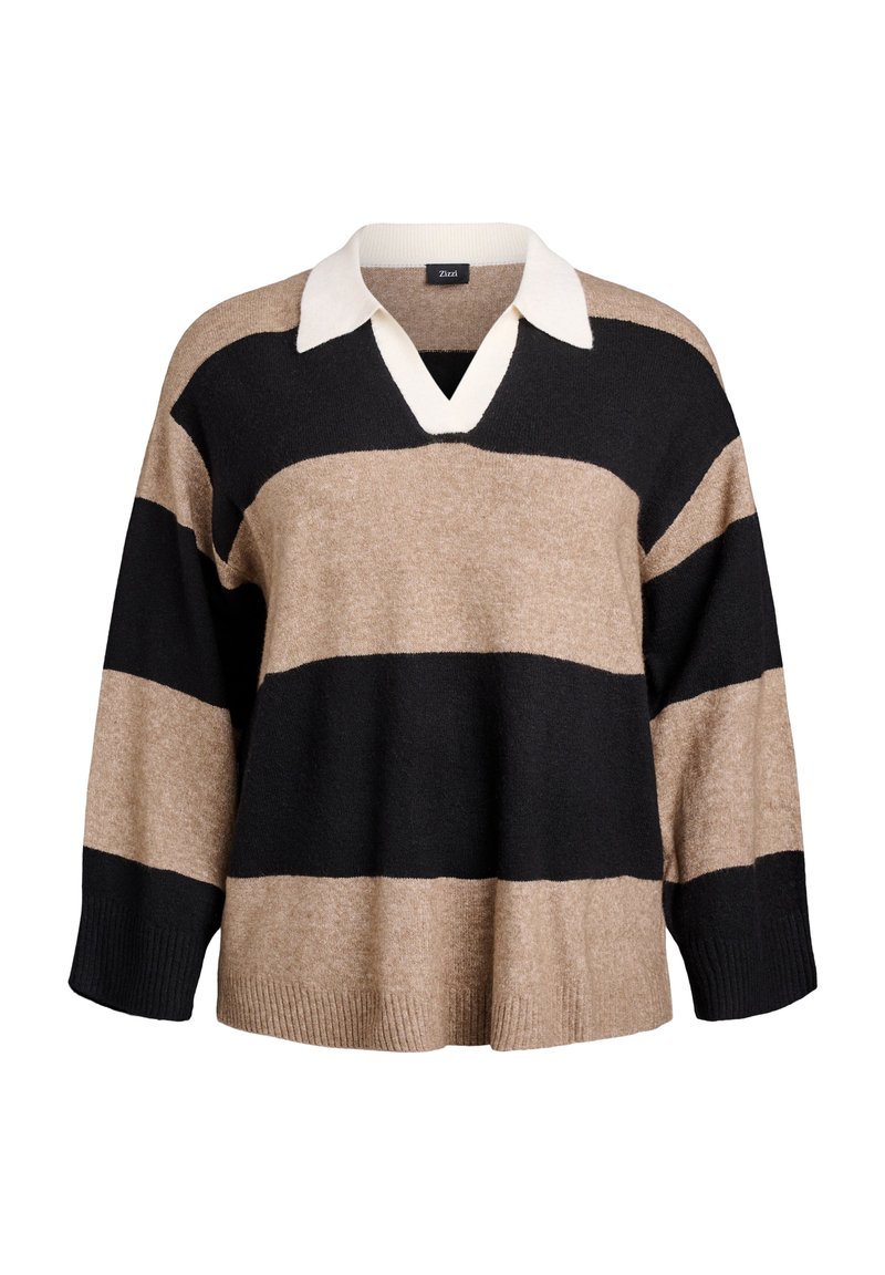 Strickpullover mit V-Ausschnitt, mit horizontalen Streifen in Schwarz, Beige und Elfenbein. Weiche Textur und lässige Passform.