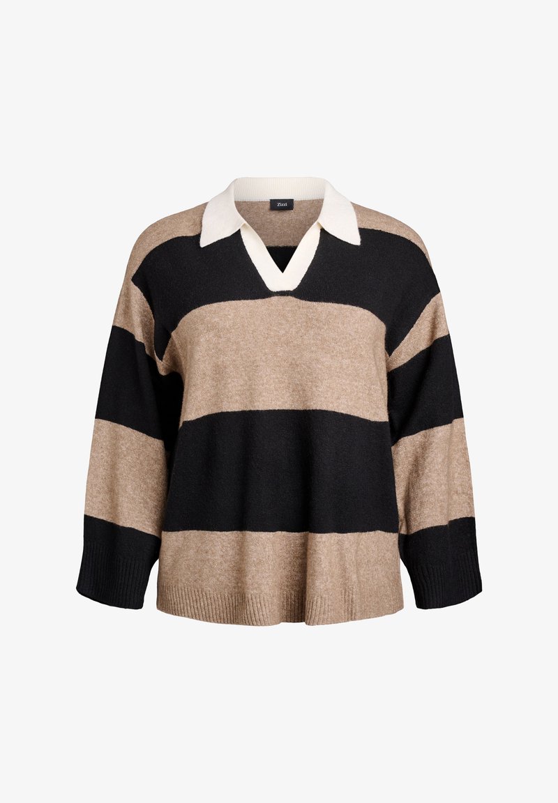 Strickpullover mit V-Ausschnitt, mit horizontalen Streifen in Schwarz, Beige und Elfenbein. Weiche Textur und lässige Passform.