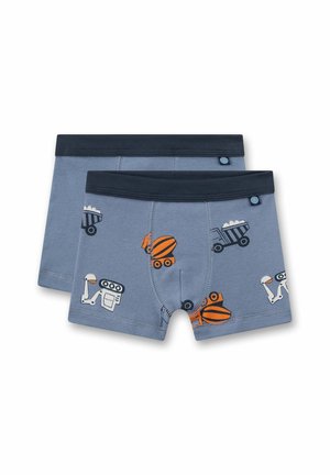 Zwei Paar blaue Kinderboxershorts mit dunklen Taillenbünden und Bau-Fahrzeugen in Orange, Weiß und Schwarz bedruckt.
