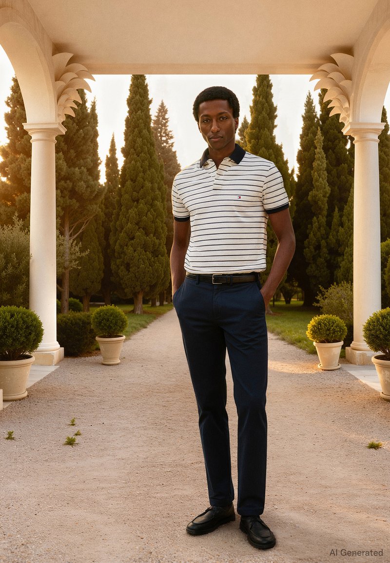 Polo à rayures blanches et bleu marine à manches courtes, associé à un pantalon bleu marine et des chaussures noires, posé sur un chemin de jardin.