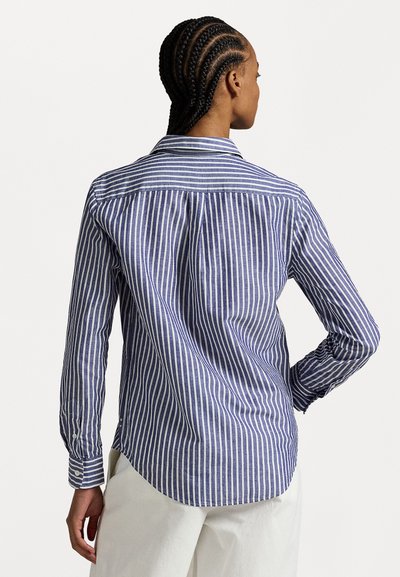Blouse rayée à manches longues, ornée de rayures verticales bleues et blanches, avec un col classique et des détails de boutons aux poignets et au dos.