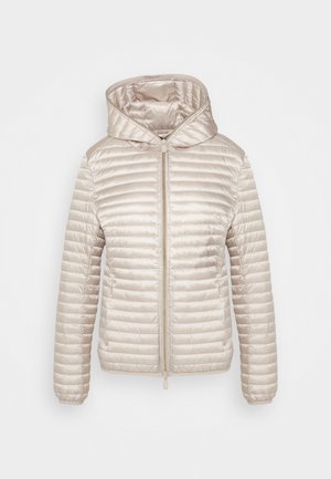 Lysebeige quiltet dunjakke med hætte, lange ærmer og lynlåslukning foran.