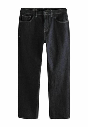 Jeans negri cu picior drept din denim, cu cusături albe contrastante. Au cinci buzunare și închidere standard cu nasture.