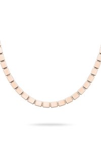 Roséguldhalsband med platta kvadratiska länkar som är sammankopplade i en kontinuerlig kedja, visat mot en vit bakgrund.