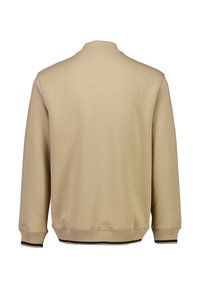 Felpa beige con colletto e polsini a costine. Presenta un colore uniforme, una texture morbida e una striscia blu scuro all'orlo. Vista posteriore mostrata.