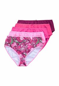 Cinq paires de culottes pour femmes dans des nuances de rose, dont une avec un motif floral, des ceintures élastiques et une texture lisse.