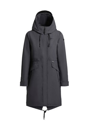 Parka noire mi-longue avec capuche, fermeture éclair à l'avant, deux poches latérales et cordon de serrage ajustable à l'ourlet. Fabriquée en tissu lisse et léger.