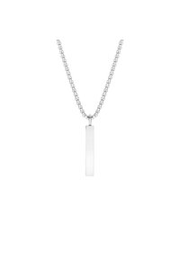 Zilveren ketting met een rechthoekige hanger, met een gepolijste afwerking en een minimalistisch ontwerp. De ketting is samengesteld uit gekoppelde segmenten.