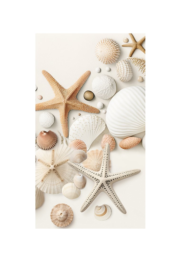 Diverse schelpen en twee zee-sterren gerangschikt op een lichte ondergrond, met texturen in beige, wit en zachte bruintinten.