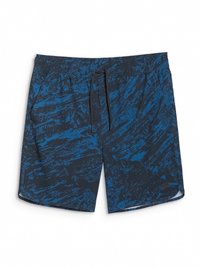 Short de bain mi-long pour homme avec taille élastique et cordon, avec un motif abstrait bleu et noir et des poches latérales.