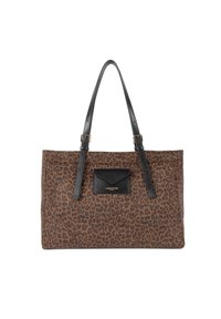 Borsa a spalla con stampa leopardata, corpobrownin tessuto, manici in pelle nera e una piccola tasca frontale nera con branding dorato.