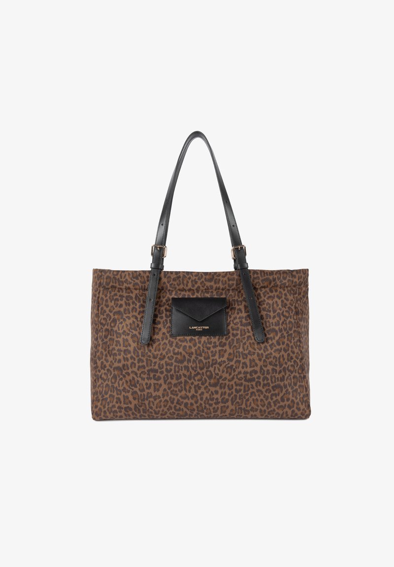 Borsa a spalla con stampa leopardata, corpobrownin tessuto, manici in pelle nera e una piccola tasca frontale nera con branding dorato.