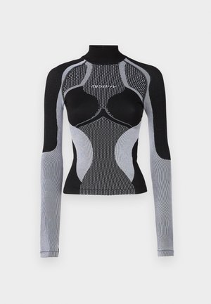 Dlhý rukáv športový top s priliehavým strihom, čiernymi a šedými panelmi, textúrovanou tkaninou a vysokým golierom. Sieťovinové detaily po celom obvode.