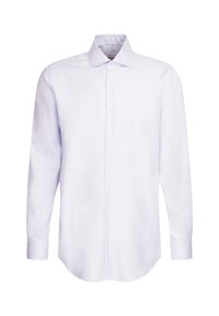 Camicia bianca da uomo con maniche lunghe, colletto tradizionale e chiusura con bottoni, esposta su uno sfondo bianco.