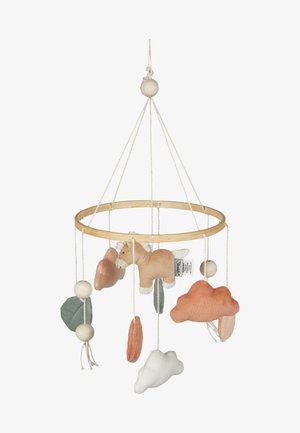 Wooden mobile featuring plush animals and clouds in pastel colors: brown, peach, gray, and white, suspended from a circular frame.