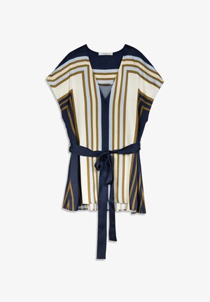 Maglia ampia a righe blu navy, crema e oro. Scollo a V con maniche corte e cintura annodata in vita. Tessuto dal motivo liscio.