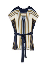 Maglia ampia a righe blu navy, crema e oro. Scollo a V con maniche corte e cintura annodata in vita. Tessuto dal motivo liscio.