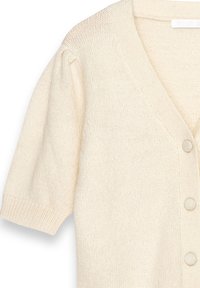 Beige stickad cardigan med v-ringning, korta puffärmar och fyra knapprader. Mjuk textur med en subtil lyster.