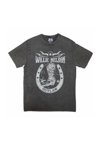 Black cotton t-shirt with short sleeves, featuring a graphic print of a cowboy boot and text "Willie Nelson Outlaw" in white.