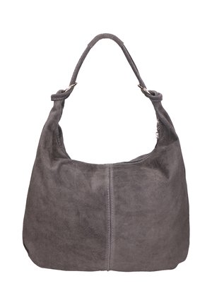 Sac à main en daim gris à la forme souple, avec une seule bandoulière et des détails en métal. Texture lisse avec des coutures apparentes.