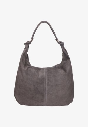 Sac à main en daim gris à la forme souple, avec une seule bandoulière et des détails en métal. Texture lisse avec des coutures apparentes.