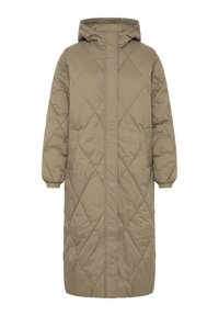 Langbeige gesteppte Winterjacke mit Kapuze, vorderem Reißverschluss und elastischen Bündchen.
