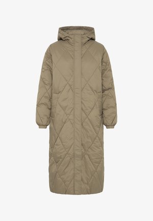 Lang beige quiltet vinterfrakke med hætte, frontlynlås og elastiske manchetter.