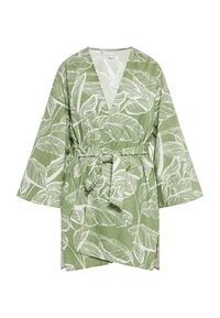 Zeleni kimono-rok sa bijelim uzorkom lišća, V-izrezom, širokim rukavima i odgovarajućim pojasom na struku.