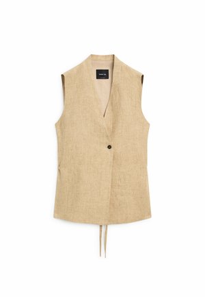 Beige sleeveless linen vest with deep V-neck, single black button closure, and adjustable ties hanging at the bottom center.