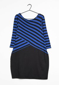 Black and blue striped dress with three-quarter sleeves, featuring diagonal stripes across the bodice and a relaxed fit.
