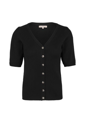 Sort ribstrikket kortærmet cardigan med V-udskæring og syv perlelignende knapper foran, mærket Soft Rebels.