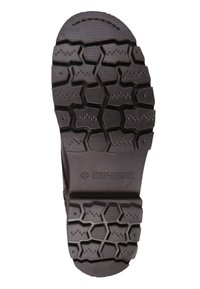 Suela de bota de goma negra con un patrón de banda de rodadura hexagonal. Presenta el logo de la marca "HARLEY-DAVIDSON" cerca del talón. Texturizada para un mejor agarre y durabilidad.